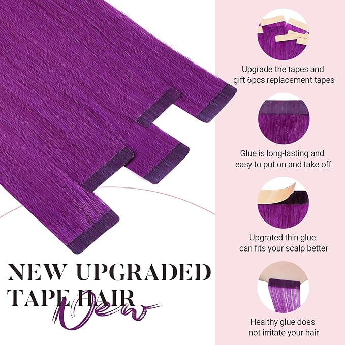 MAXITA Tape in Hair Extensions Human Hair Purple Tape in Extensions 10pcs 30g 22 Inch Colored Invisible Real Human Hair Extension Soft Straight Glue in Hair Extensions for Women