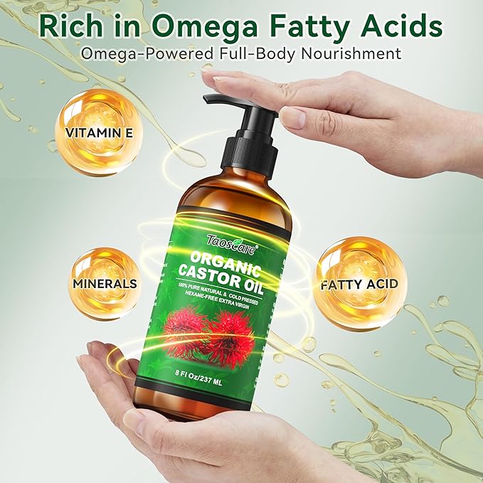2 Pack Castor Oil Organic Cold Pressed Unrefined Glass Bottle with 2 Pumps – Pure & Hexane-Free for Hair Growth, Skin Care, Lashes, Brows, Body Nourishment – Ideal for Caster Oils Pack Wrap
