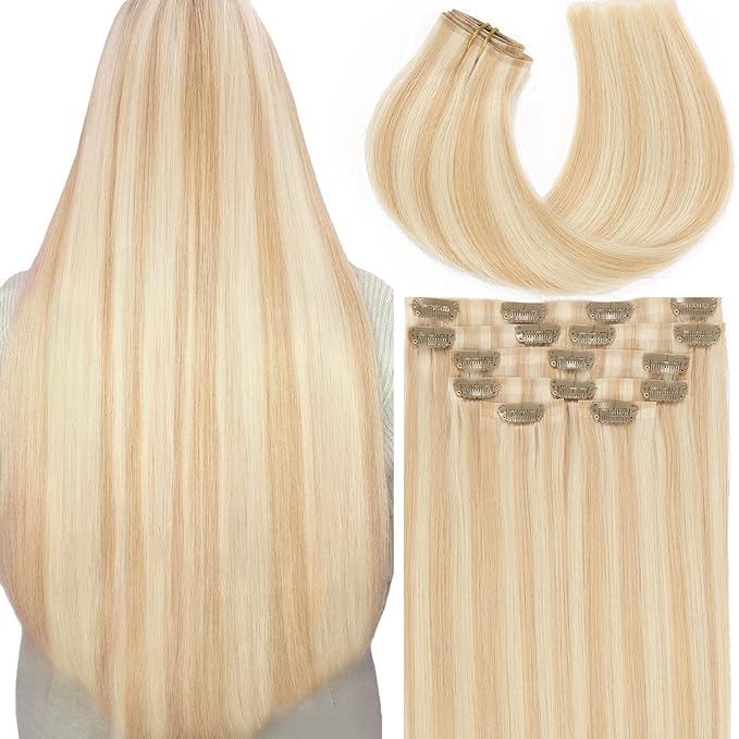 Lacer Hair Highlight Blonde Clip in Hair Extensions 20 Inch Human Hair 7pcs 110g Dark Ash Blonde Mixed Platinum Blonde Color Seamless Hair Extensions Clip in Thin PU Weft Silky Straight Clip Ins