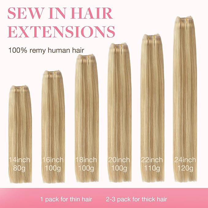 GOO GOO Sew in Hair Extensions Real Human Hair, Weft Hair Extensions Human Hair, 16/22 Light Blonde Highlighted Golden Blonde 18inch 100g, Weft Bundles Straight Silky Remy Hair