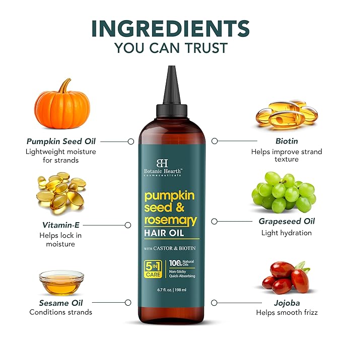 Botanic Hearth 100% Pure Pumpkin Seed Rosemary Oil For Hair Growth (6.7 fl oz)| Infused with Pumpkin, Rosemary, Castor | Hair Oil Repairs Dry Damaged Hair, Strengthening, Healthier Hair- Hair Tonic