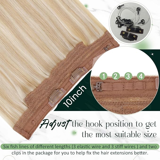 RUNATURE Invisible Wire Hair Extensions Real Human Hair, Blonde Hair Extensions with Transparent Fish Wire, Natural Looking Remy Hair for Women, 20 Inch 100g #18P613 Sandy Blonde HIghlights