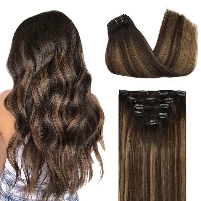DOORES Human Hair Extensions Clip in, 5pcs 85g 22 Inch Balayage Ombre Dark Brown to Chestnut Brown Clip in Hair Extensions Natural Hair Extensions Silky Straight