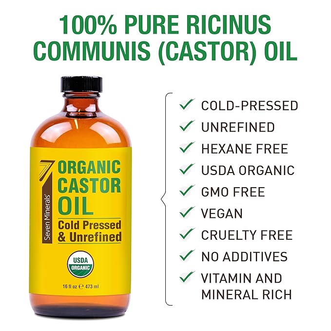 Seven Minerals New 16 fl oz Glass Bottle Castor Oil Organic Cold Pressed Unrefined Glass Bottle Pack - 100% Pure USDA Certified Organic Hexane Free