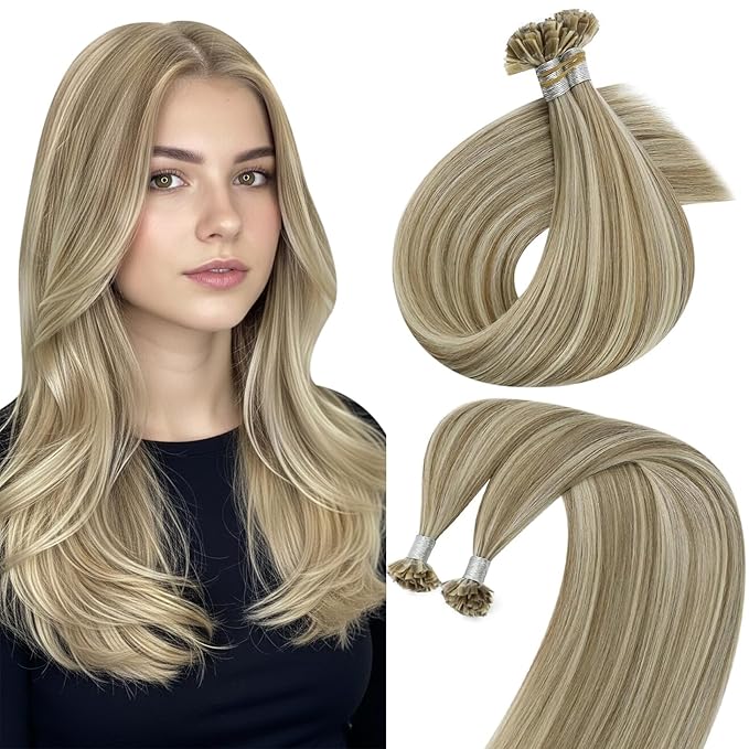 Sunny Hair K Tip Hair Extensions Real Human Hair 18inch Ktip Hair Extensions Human Hair Light Brown Highlights Blonde Keratin Extensions for Women 50g