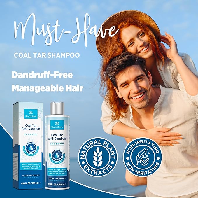RoyceDerm Coal Tar Dandruff Shampoo: Extra Strength 2% Coal Tar Extract Medicated Gel for Rapid Scalp Hair Relief targets dandruff, psoriasis, and seborrheic dermatitis - Hydrating & Natural Fragrance