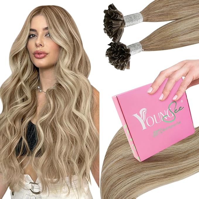 YoungSee Utip Hair Extensions Human Hair Balayage Light Brown Ombre Platinum Blonde U Tip Keratin Hair Extensions for Natural Looking Utips Extensions Real Human Hair Silky Straight 16In 1G/S 50G