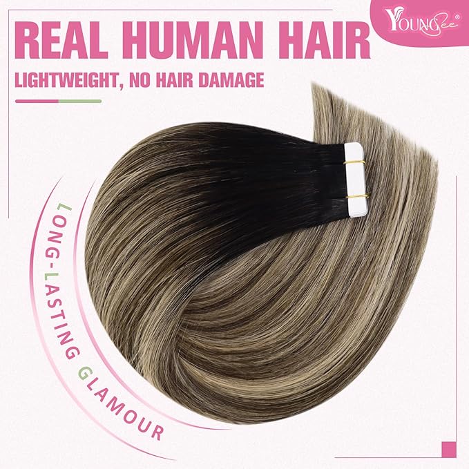 YoungSee Human Hair Tape in Extensions Balayage 14Inch 50g Tape Hair Extensions Real Human Hair Black Ombre Brown Invisible Tape in Hair Extensions 20pcs Tape Human Hair Extensions Silky Straight