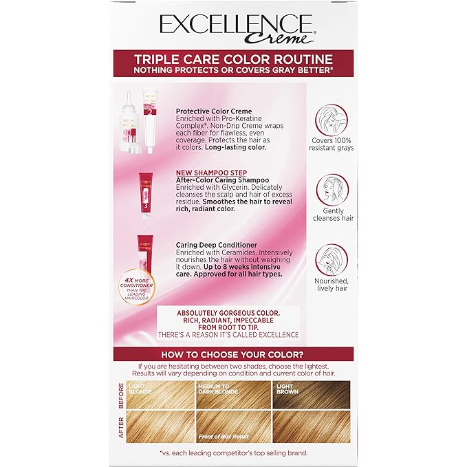 L'Oreal Paris Excellence Creme Permanent Triple Care Hair Color, 8G Medium Golden Blonde, Gray Coverage For Up to 8 Weeks, All Hair Types, Pack of 1