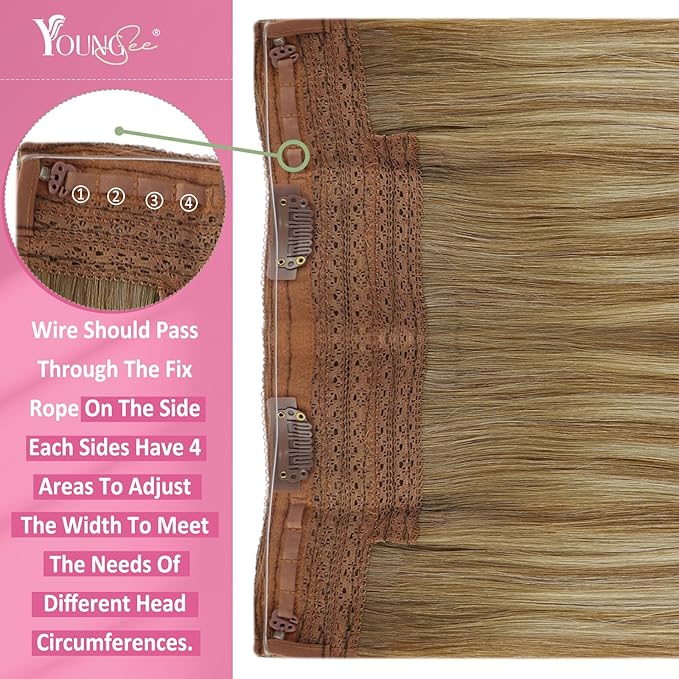 YoungSee Wire Hair Extensions Real Human Hair Balayage Wire Hair Extensions Light Brown with Platinum Blonde and Brown #8/60/8 Layered Hair Extensions Human Hair Fish Line Hair Extensions 16Inch 80G