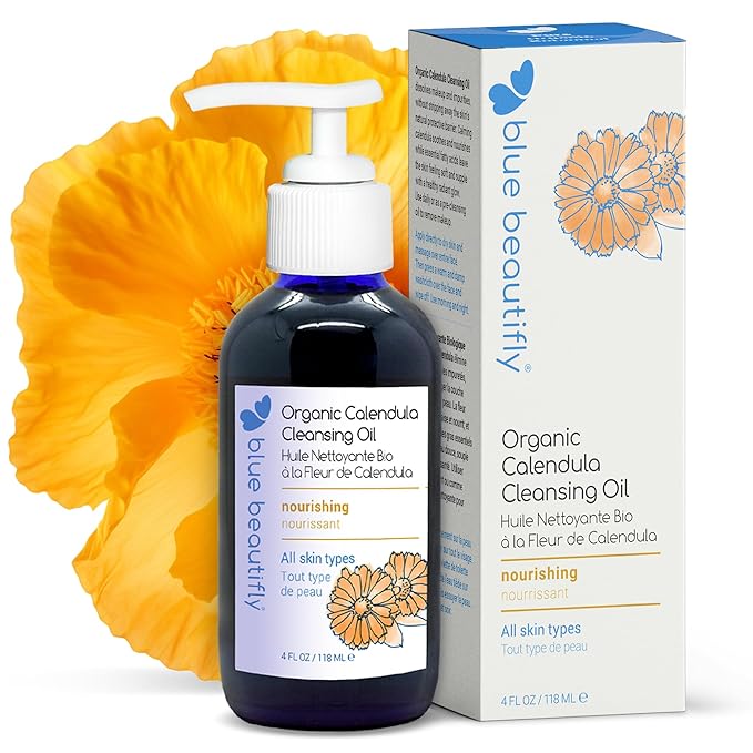 Blue Beautifly USDA Certified Organic Calendula Cleansing Oil - Removes Makeup, Cleanses Pores, and Restores Protective Barrier - Enriched with Apricot Oil and Turmeric Extract - 4 fl oz
