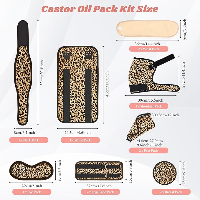 12 Pcs Castor Oil Pack Wrap, Reusable Castor Oil Pack Kit Organic Cotton for Shoulder Hands Neck Waist Chest Knees and Feet, Adjustable Compress Pads for Entire Body, Machine Washable Anti Oil Leak