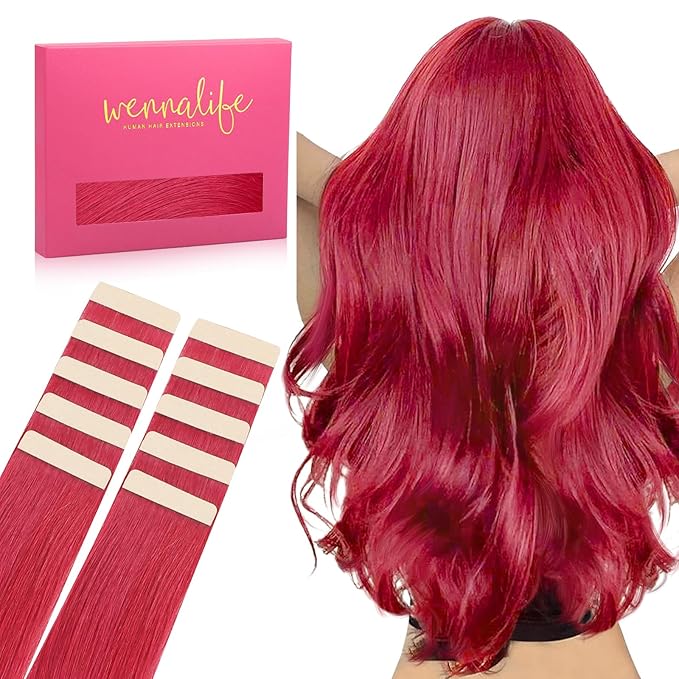 WENNALIFE Tape in Hair Extensions Human Hair Red Tape in Extensions, 10pcs 25g 18 inch Remy Invisible Tape Ins Straight Colored Soft Real Human Hair Tape in Extensions Refill Set Extensions
