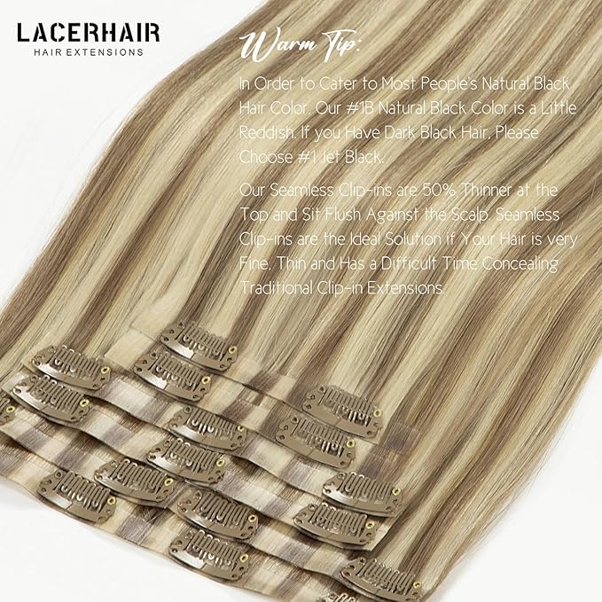 Lacer Seamless Clip in Hair Extensions 8Pcs Invisible PU Skin Weft 150g 19 Clips Highlight Clip in Hair Extensions Light Brown with Platinum Blonde Natural Human Hair 22 Inch