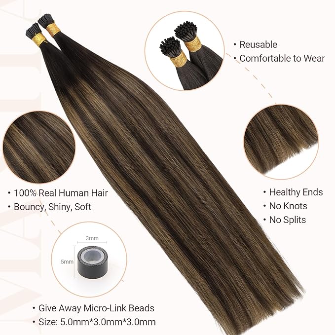 MAXITA I Tip Hair Extensions Human Hair, Balayage Chocolate Brown to Caramel Blonde 100g/100s 14 Inch, Comfortable Wear, 100% Remy Real Human Hair Itip Keratin Hair Extensions