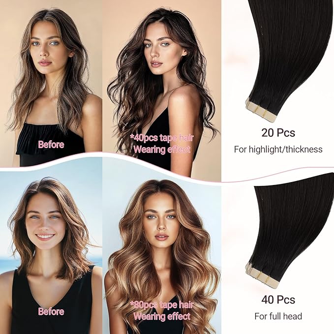 MAXITA Tape in Hair Extensions Real Human Hair, Seamless Tape in Hair Extensions Human Hair Remy Natural Long Straight Hair Real Human Hair Extensions for Women, 50g Tea Black 14 Inch 20pcs