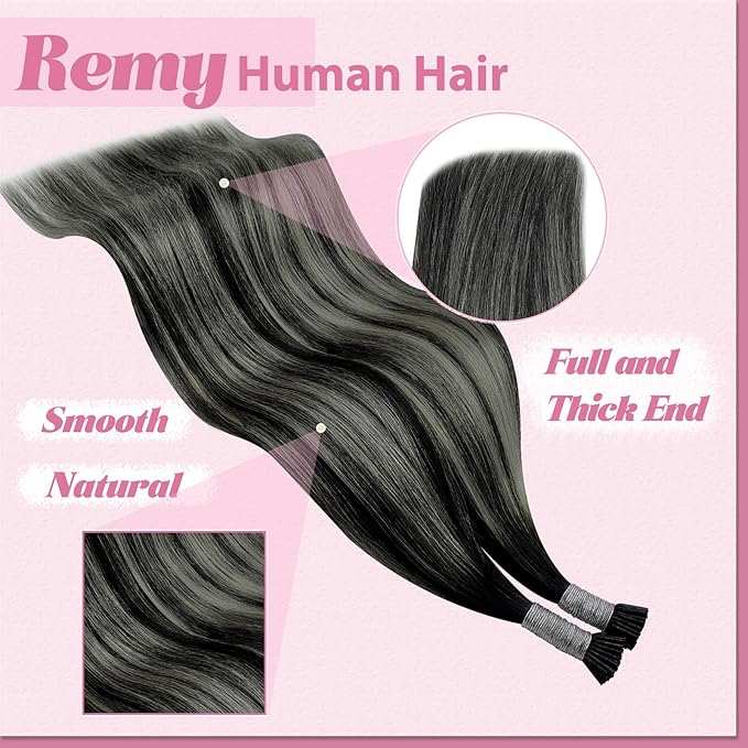 YoungSee I Tips Hair Extensions Ombre I Tip Hair Extensions Ombre Black to Silver Human Hair I Tip Extensionsr Balayage 20 Inch Tip Hair Extensions Human Hair Silky Straight 50s 50g