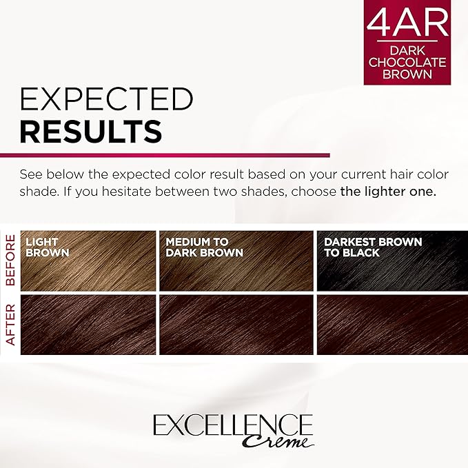L'Oreal Paris Excellence Creme Permanent Hair Color, 4AR Dark Chocolate Brown, 100 percent Gray Coverage Hair Dye, Pack of 2