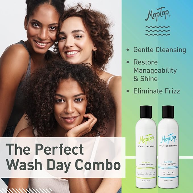 MopTop Moisturizing Curly Hair Shampoo and Conditioner Set – Gentle Shampoo + Daily Conditioner, Reduce Frizz, & Restore Dry Damaged Hair, Sulfate & Paraben Free – Wavy, Curly, Coily, Kinky (Set of 2)