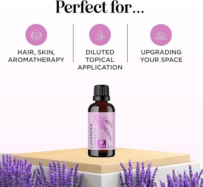 Pure Lavender Essential Oil - Lavender Oil for Hair Skin and Nails Plus Aromatherapy Diffusers Humidifiers Linens and Baths for at Home Spa Self Care - Premium Grade Non-GMO in Glass Bottle (1 Fl Oz)