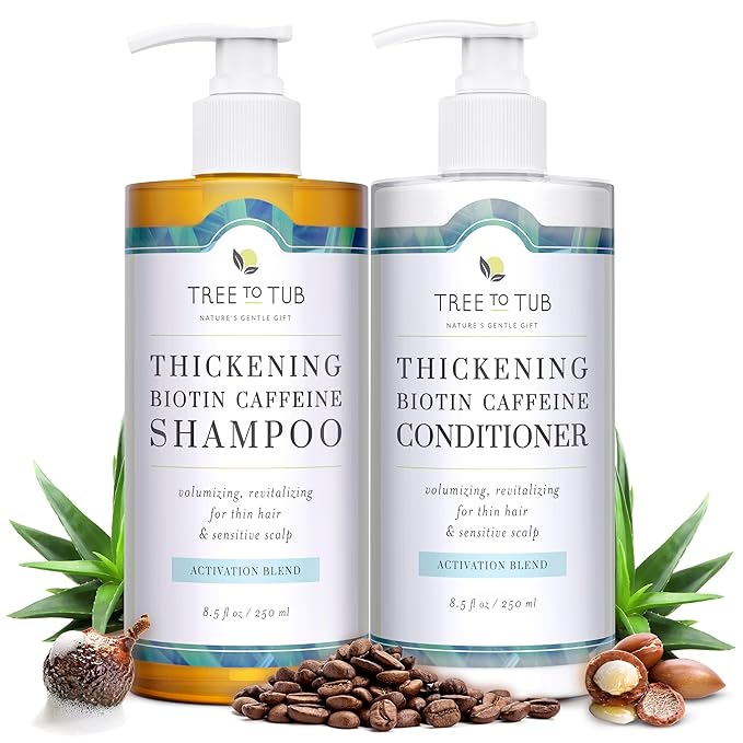 Tree To Tub Volumizing Biotin Shampoo and Conditioner Set - Activating Caffeine for Fuller Hair, Thickening Shampoo and Conditioner for Women & Men, Sulfate Free w/Natural Soapberry Organic Argan Oil