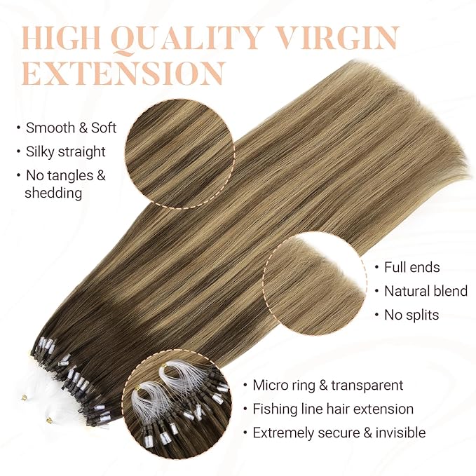MAXITA Microlink Hair Extensions Human Hair Balayage Dark Brown Mixed Chestnut Brown Micro Bead Hair Extensions Virgin Human Hair, 50g/50 Strands/Pack, 20 In
