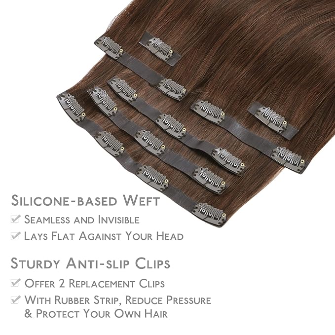 WENNALIFE Seamless Clip In Hair Extensions Human Hair, 24 Inch 160g 7pcs Chocolate Brown Hair Extensions Clip in Human Hair Invisible PU Skin Weft Natural Remy Human Hair Extensions