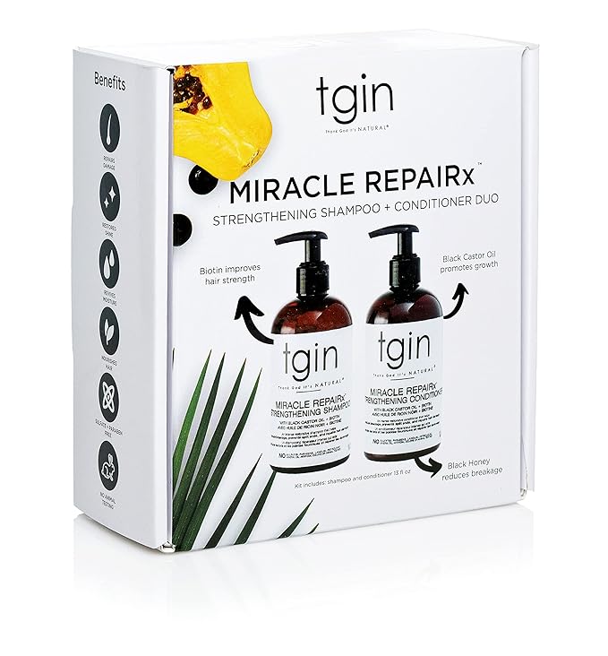 tgin Miracle RepaiRx Strengthening Shampoo and Conditioner Duo for Curly, Coily and Wavy Hair, with Biotin and Black Castor Oil, Repairs and Restores Damaged, Color-Treated Hair, 13 oz (Set)