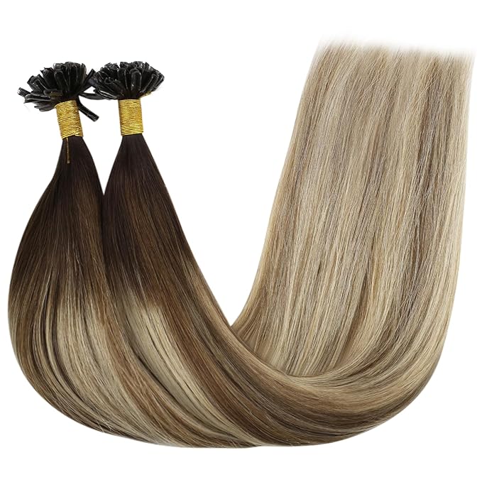 YoungSee Utip Hair Extensions Balayage U Tip Hair Extensions Real Human Hair Ombre Dark Brown to Brown with Blonde Keratin Hair Extensions U Tip Silky U Tips Remy Hair Extensions Straight 16In 50s/50g