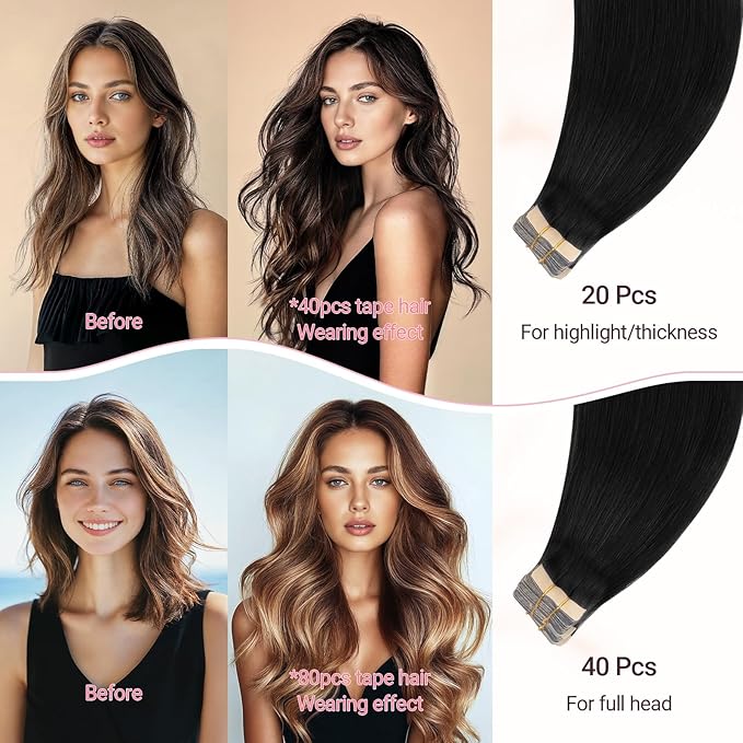MAXITA Tape in Hair Extensions Human Hair Jet Black 24 Inch Hair Extensions Real Human Hair Invisible Tape in Extensions Seamless Remy Extensions for Women 50g 20pcs