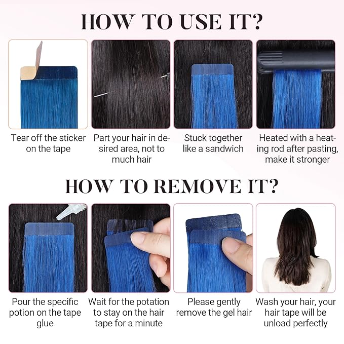 MAXITA Tape in Hair Extensions Human Hair Blue Tape in Extensions 16 Inch 10pcs 25g Remy Invisible Silky Straight Colored Soft Real Human Hair Tape ins Natural Hair Extensions for Women