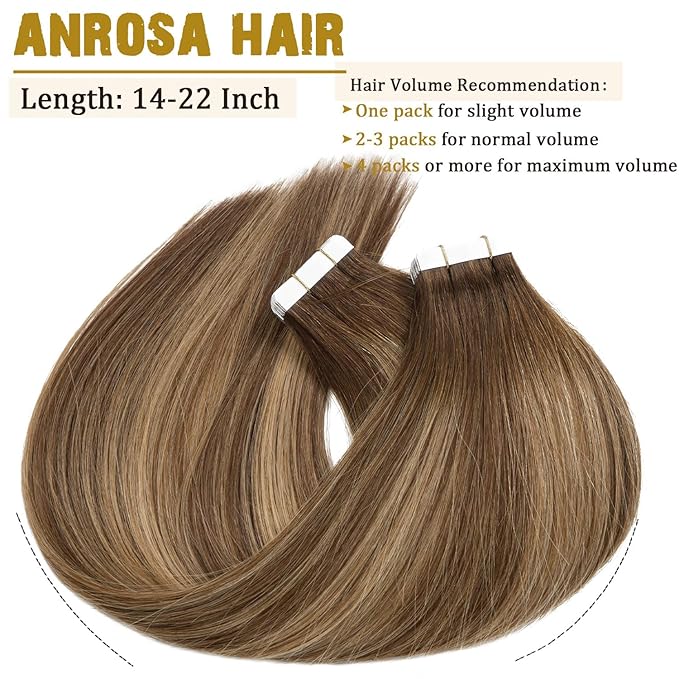 Anrosa Tape in Hair Extensions Double Sided Remy Tape in Hair Extensions Human Hair 14 Inch Silky Human Hair Tape in Extensions for Woman Medium Brown to Blonde with Medium Brown Roots 20pcs 50G