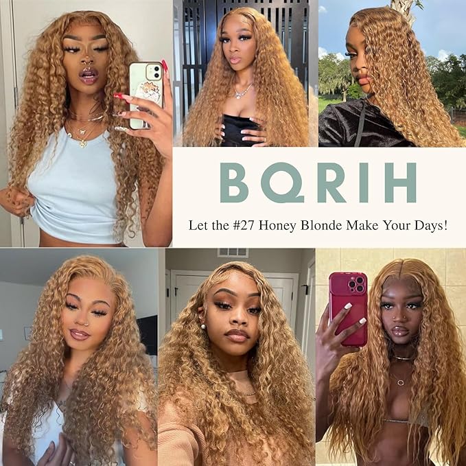 BQRIH #27 Honey Blonde Water Wave Bundles with 4x4 Closure Pre Plucked Human Hair 18 20 22+16, 12A Virgin Brazilian Curly Weaves Soft Bouncy Wet n Wavy Colored 3 Bundles with Transparent Lace Closure