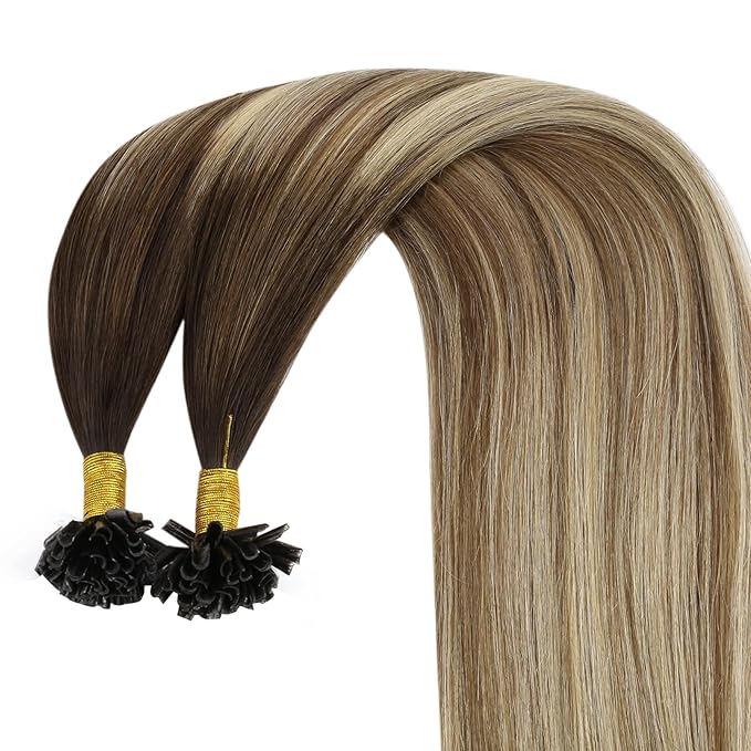 YoungSee Utip Hair Extensions Balayage U Tip Hair Extensions Real Human Hair Ombre Dark Brown to Brown with Blonde Keratin Hair Extensions U Tip Silky U Tips Remy Hair Extensions Straight 16In 50s/50g