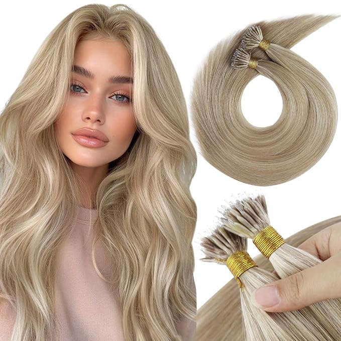 Sunny Hair Nano Bead Hair Extensions Real Human Hair Ash Blonde Highlights Bleach Blonde Nano Tip Hair Extensions Real Human Hair for Women Nano Natural-Looking Hair Extensions 50G