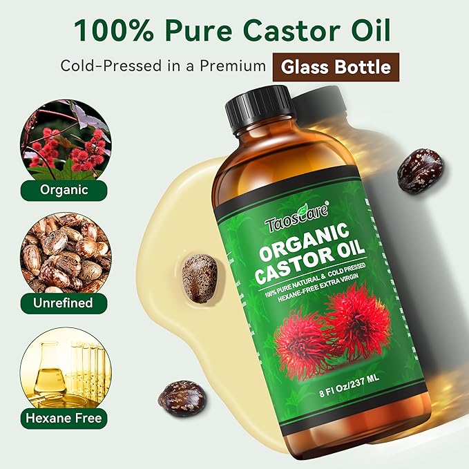 2 Pack Castor Oil Organic Cold Pressed Unrefined Glass Bottle with 2 Pumps – Pure & Hexane-Free for Hair Growth, Skin Care, Lashes, Brows, Body Nourishment – Ideal for Caster Oils Pack Wrap