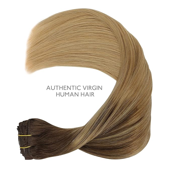 WENNALIFE Clip in Hair Extensions Real Human Hair, 14 Inch 120g 7pcs Balayage Chocolate Brown to Dirty Blonde Hair Extensions Clip In Human Hair Remy Clip in Hair Extensions Natural Human Hair