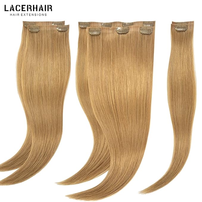 Lacer Hair 20 Inch Glam Seamless Hair Extensions Clip in Human Hair with Invisible Thin PU Skin Weft Remy Natural Hair Extensions #27 Caramel Blonde Full Head 7 Pieces 110 Grams with 16 Clips