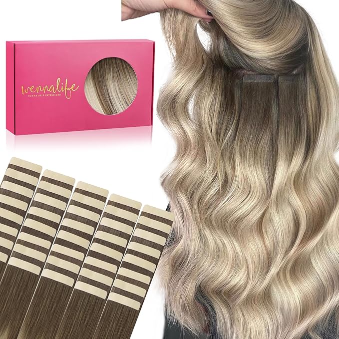 WENNALIFE Tape in Hair Extensions Human Hair, 40pcs 80g 12 inch Ombre Sandy Brown to Platinum Blonde Hair Extensions Real Human Hair Straight Tape in Extensions Invisible Human Hair Extensions