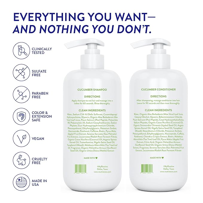 Routine Wellness 1 Liter Anti-Thinning Shampoo and Conditioner Set for Thinning Hair - Biotin DHT Blocker - Color Safe Shampoo for Hair Loss & Healthier Hair - 1 Liter Set - Cucumber