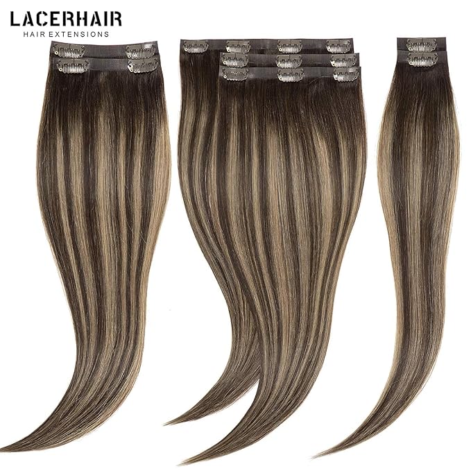 Lacer Hair Remy Human Hair Clip in Extensions Full Head Silky Straight Tape Weft Invisible Clip on Hair Extensions Human Hair Chestnut Brown Mixed Dark Brown with Brown Roots R#2-2/6 22 Inch 110g 7pcs