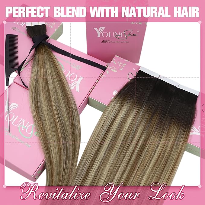 YoungSee Tape in Hair Extensions Human Hair Balayage Brown Hair Extensions Real Human Hair Tape in Dark Brown Ombre Medium Brown with Blonde Hair Tape in Extensions Remy Hair Extensions 14In 20pcs 50g