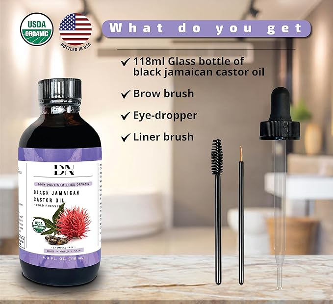 DN USDA Certified Organic Jamaican Black Castor Oil, Hexane-Free Cold-Pressed (4 Fl Oz) in Glass Bottle - Unrefined, For Hair Growth & Skin Care