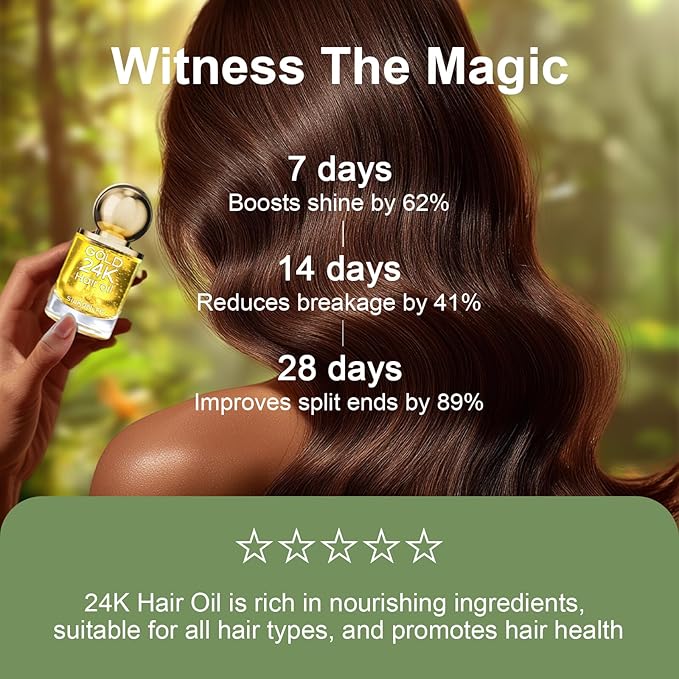 24K Gold & Argan Hair Oil Treatment – 100% Plant-Based Extract, Nourishes & Strengthens, Boosts Shine & Controls Frizz, Non-Greasy Formula for All Hair Types, 1.69 fl oz