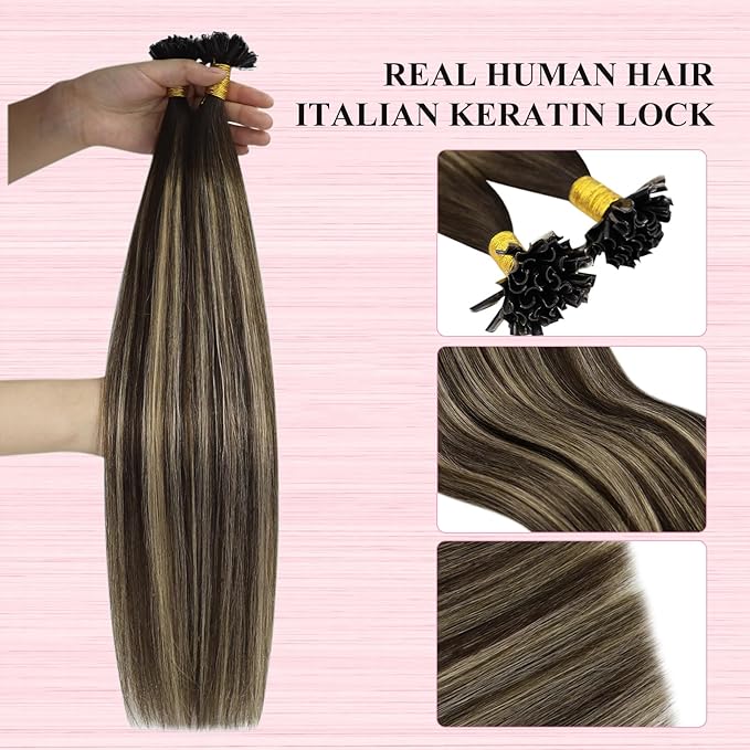 YoungSee Ombre Utip Hair Extensions Balayage Brown Ombre Blonde U Tip Extensions Ombre Utip Remy Human Hair Extensions Brown K Tip Hair Extensions Real Human Hair for Women 18In 50s/50g Silky Straight