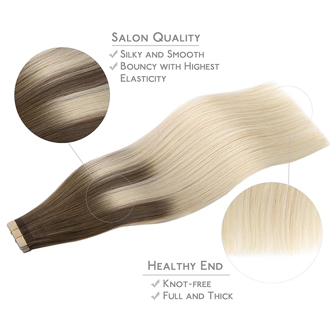 WENNALIFE Tape in Hair Extensions Human Hair, 20pcs 50g 22 inch Sandy Brown to Platinum Blonde Extensions Real Human Natural Straight Tape in Invisible Human Hair Extensions