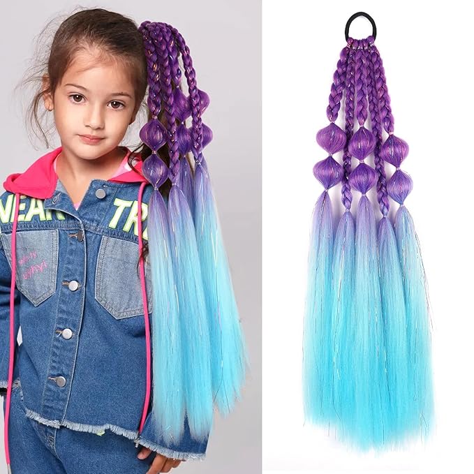 Colored Braided Ponytail Extension, 25 Inch Purple Blue Gradient Tinsel Bubble Ponytail Extension with Hair Tie, Ombre Crazy Hair Day Accessories for Girls Festival Rave (Purple/Light Blue#)