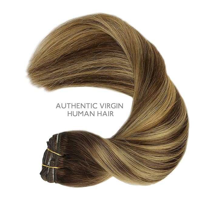 WENNALIFE Real Human Hair Extensions, 14 Inch 120g 7pcs Balayage Chocolate Brown to Caramel Blonde