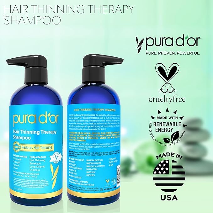 PURA D'OR 16 Oz Hair Thinning Therapy Biotin Shampoo - ORIGINAL Scent - CLINICALLY TESTED Effective Results, Herbal Blend Hair Thickening Products For Women & Men, Color Safe Routine Shampoo