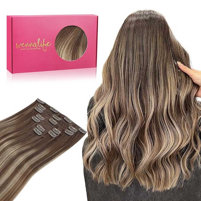 WENNALIFE Clip in Hair Extensions Real Human Hair, 16 Inch 120g 7pcs Balayage Chocolate Brown to Honey Blonde Hair Extensions Clip in Human Hair Remy Clip in Hair Extensions Real Human Hair